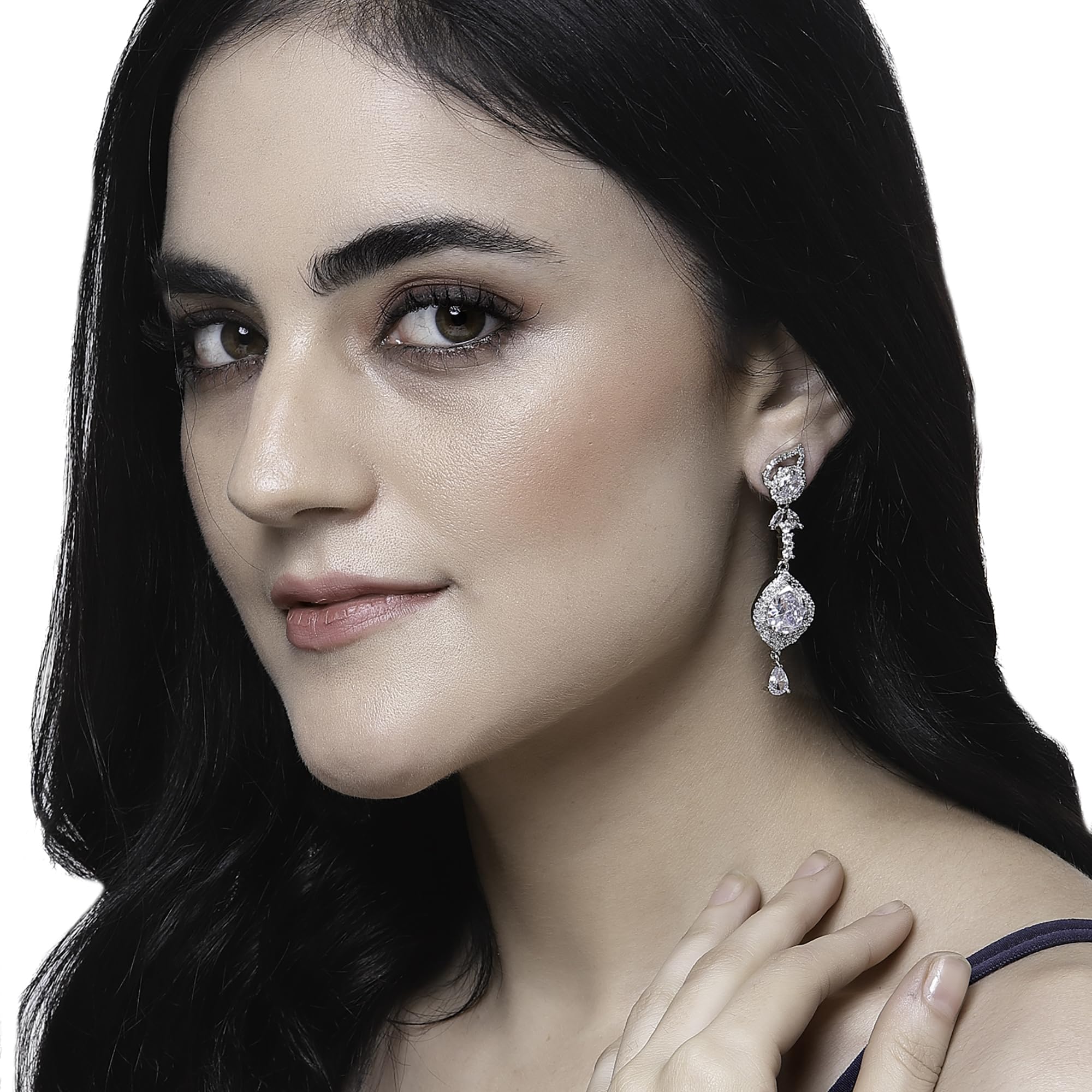 Rhodium-Plated American Diamond Teardrop Drop Earrings
